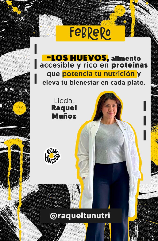 Ficha de la Licda. RAQUEL-MUNOZ, nutricionista de ConHUEVOS, con mensaje educativo sobre huevo y nutrición.