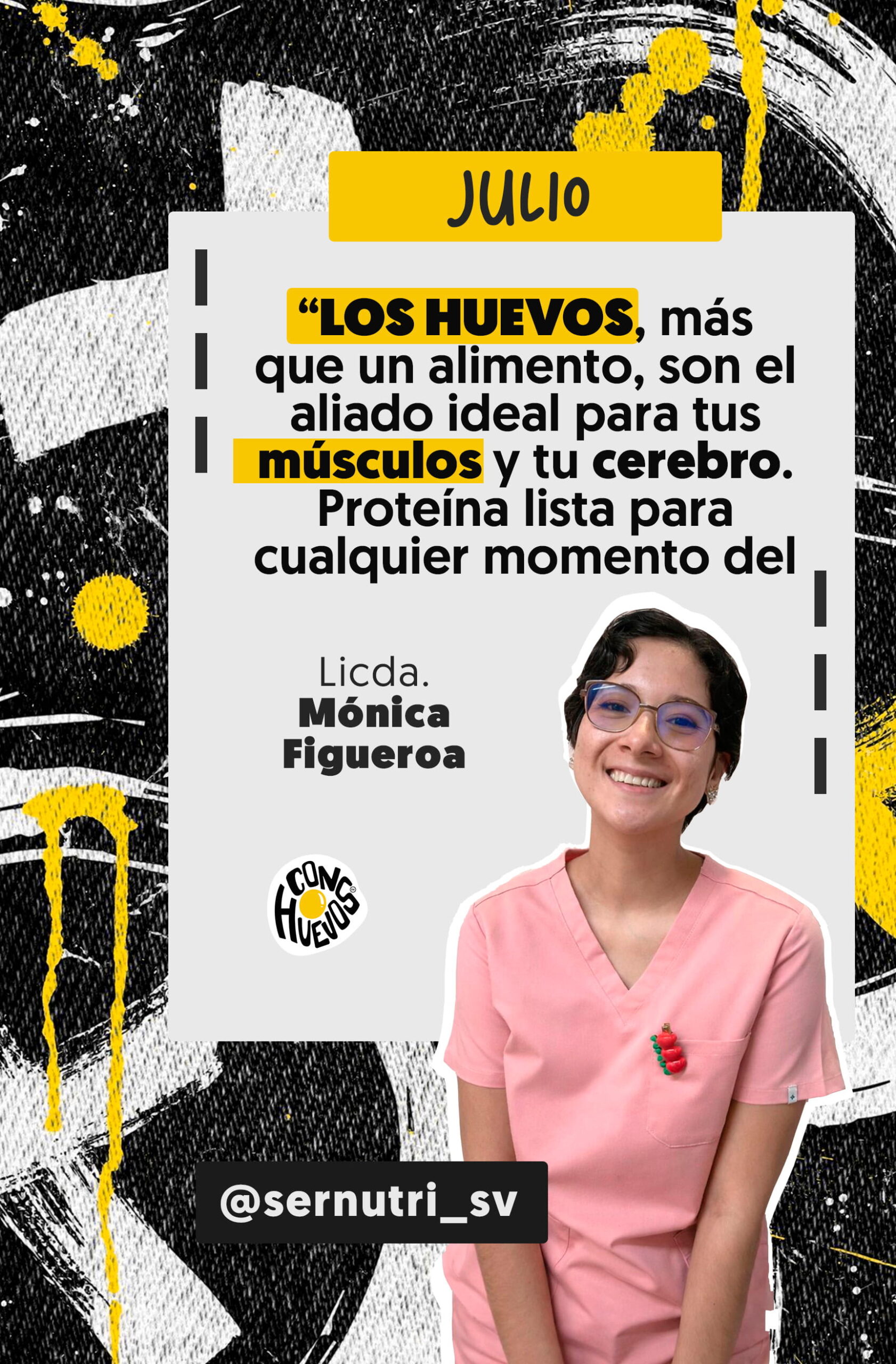 Ficha de la Licda. MONICA-FIGUEROA, nutricionista de ConHUEVOS, con mensaje educativo sobre huevo y nutrición.