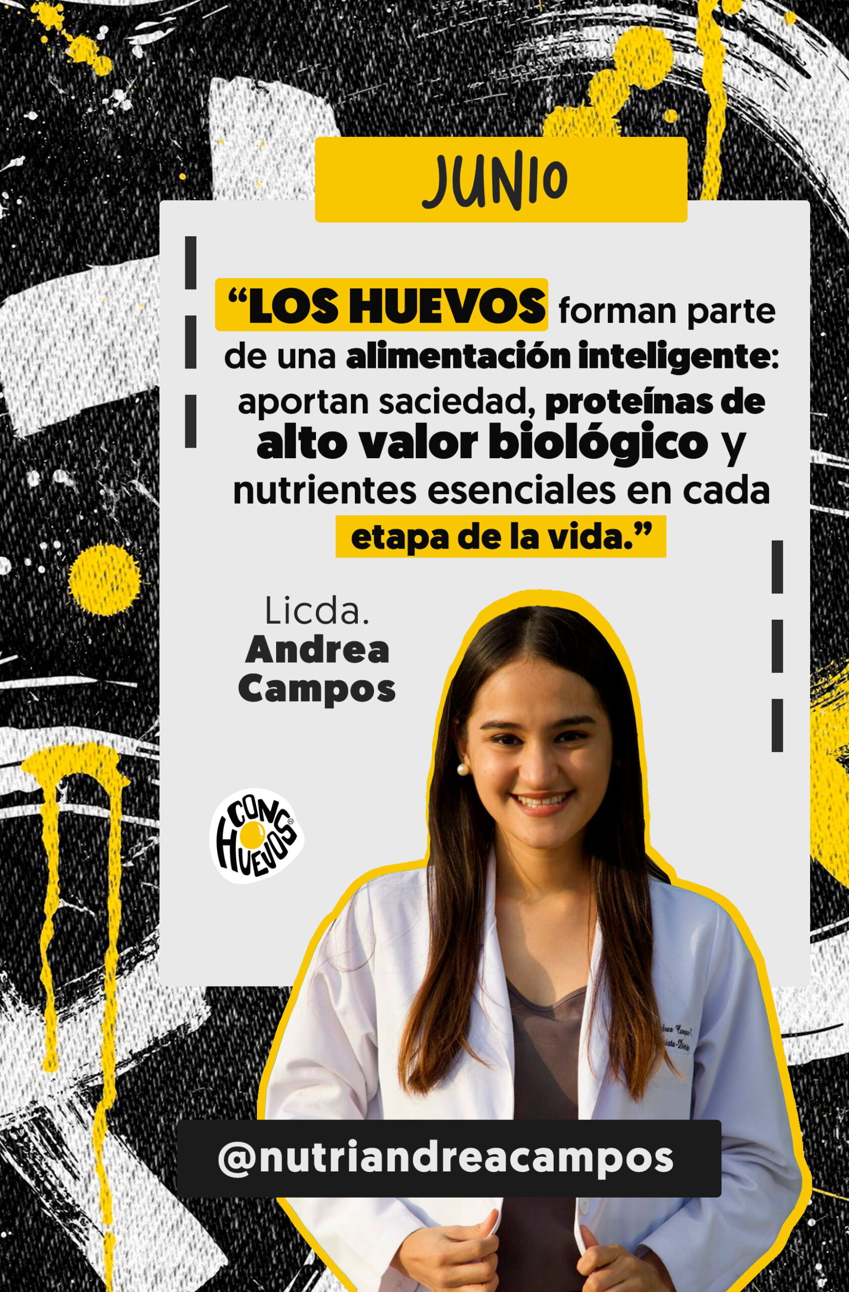Ficha de la Licda. Andrea Campos, nutricionista de ConHUEVOS, con mensaje educativo sobre huevo y nutrición.