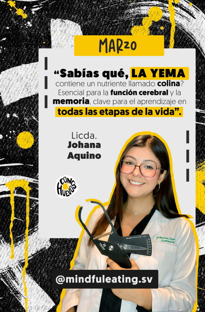 Ficha de la Licda. Johana Aquino, nutricionista de ConHUEVOS, con mensaje educativo sobre huevo y nutrición.