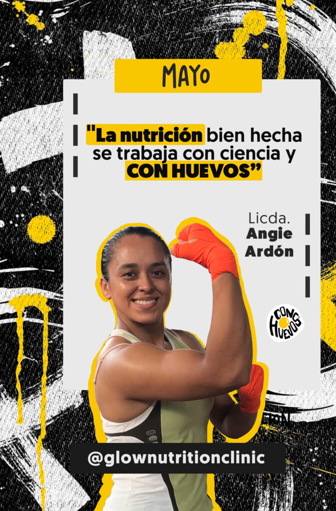 Ficha de la Licda. Angie Ardón, nutricionista de ConHUEVOS, con mensaje educativo sobre huevo y nutrición.