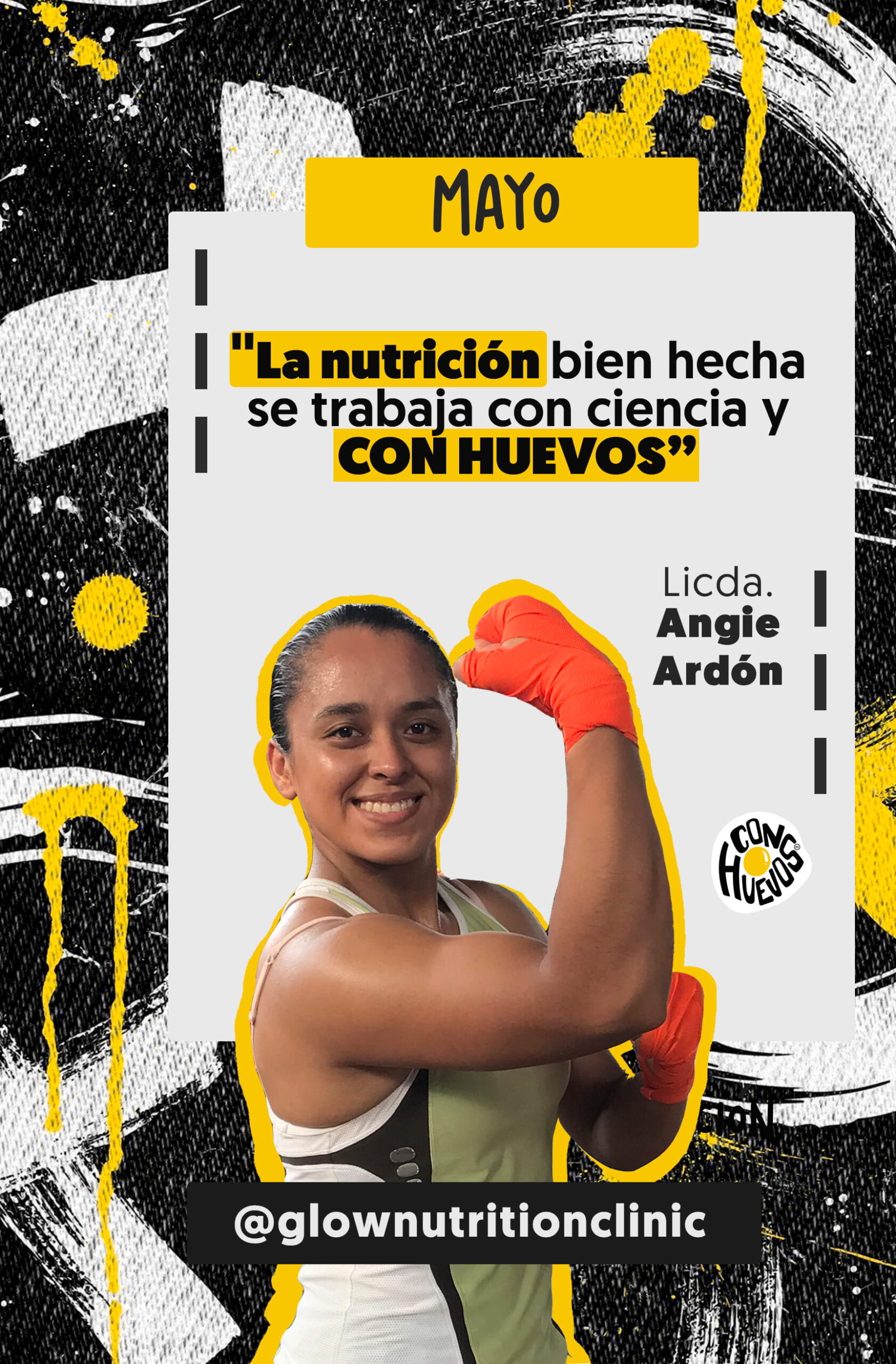 Ficha de la Licda. Angie Ardón, nutricionista de ConHUEVOS, con mensaje educativo sobre huevo y nutrición.