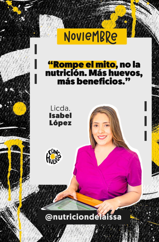 Ficha de la Licda. ISABEL-LOPEZ, nutricionista de ConHUEVOS, con mensaje educativo sobre huevo y nutrición.
