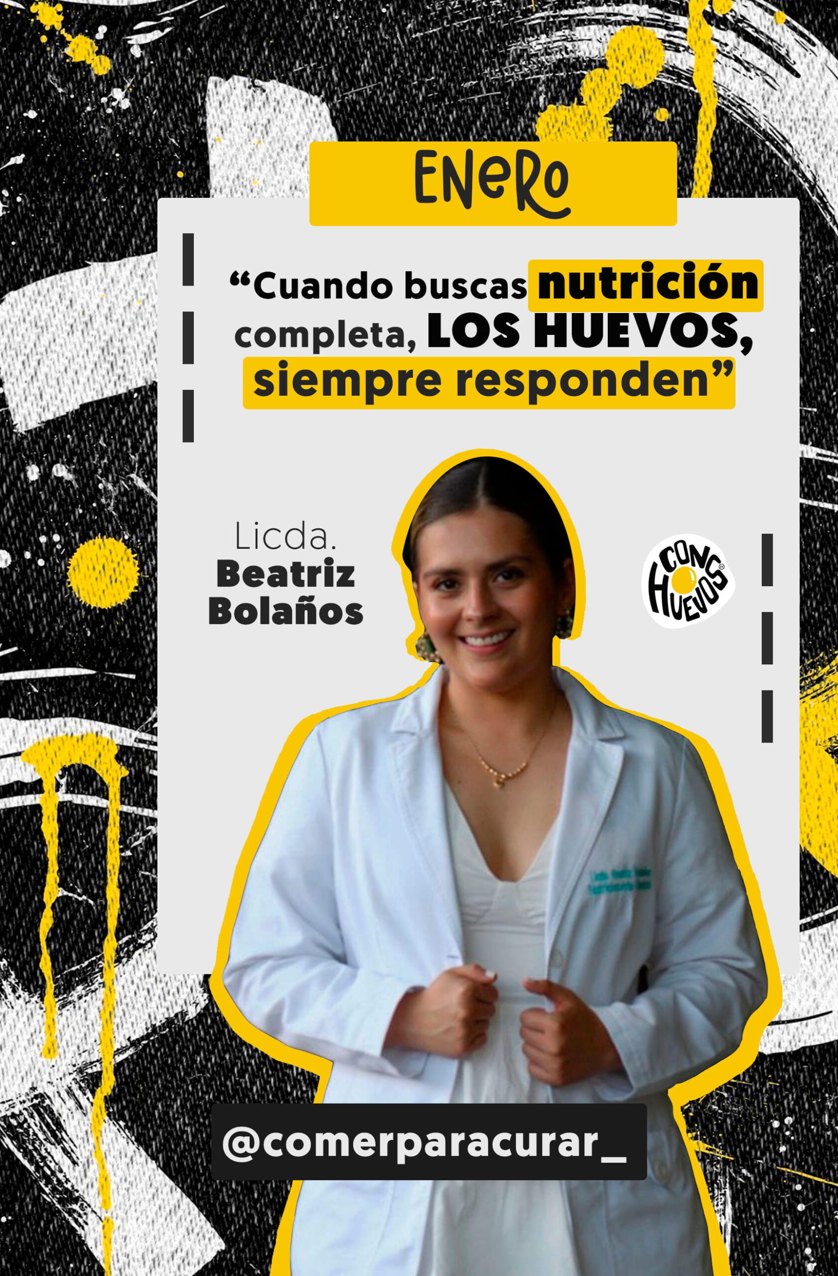 Ficha de la Licda. BEA-BOLANOS, nutricionista de ConHUEVOS, con mensaje educativo sobre huevo y nutrición.